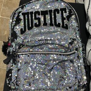 Justice Girls 17" Laptop Backpack with Pom Pom Dangle, Flip Sequin Backpack